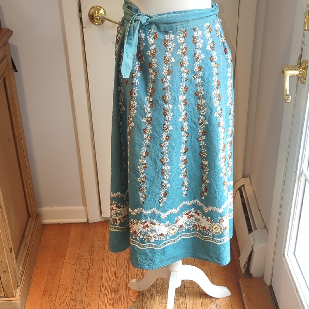 Cotton Embellished Teal Floral Border Boho Wrap Tie-Waist Midi Skirt/ WrapDress